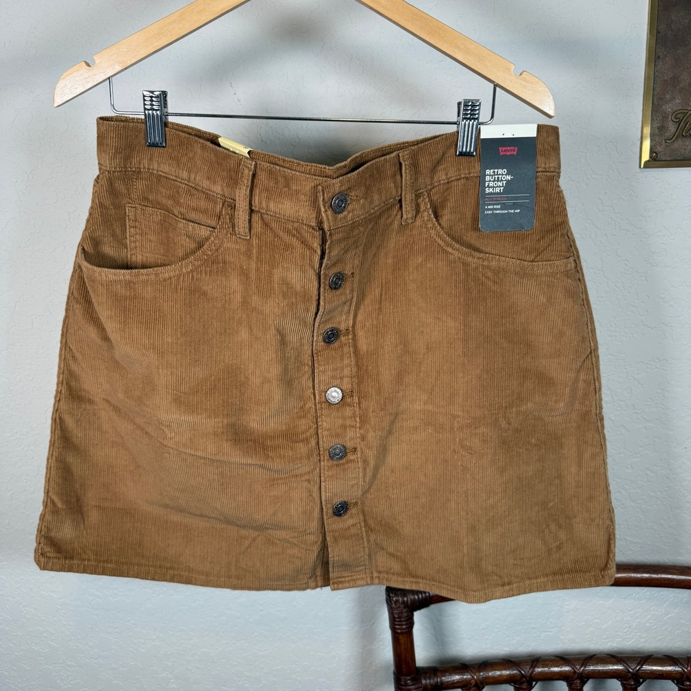 Levis Premium Retro Button Front Corduroy Skirt Tan Brown Mid Rise Mini Size 33